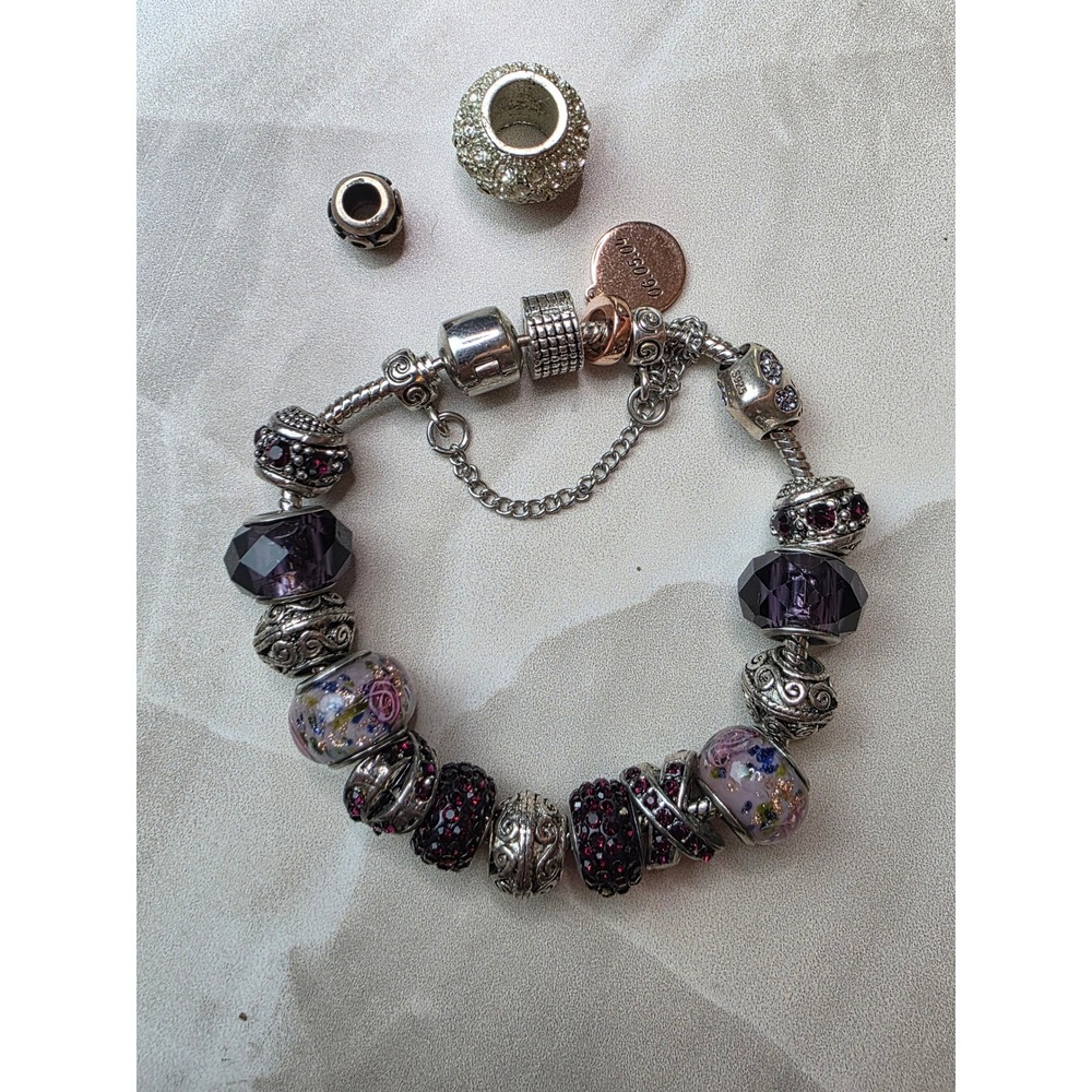 Sterling Silver Charm Bracelet Purple Murano Glass Pave Crystal Beads Yakira 48g - Picture 12 of 16